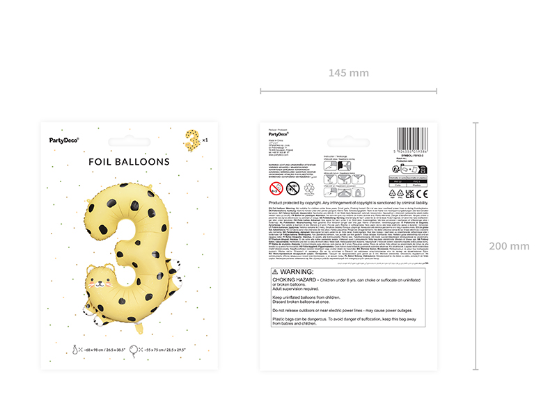 Folienballon Ziffer 3 - Gepard, 75cm - Party Deco